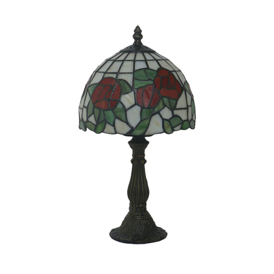 1-Light Baroque Style Stained Art Glass Nightstand Light With Bloom Pattern In Red/Pink For Bedroom