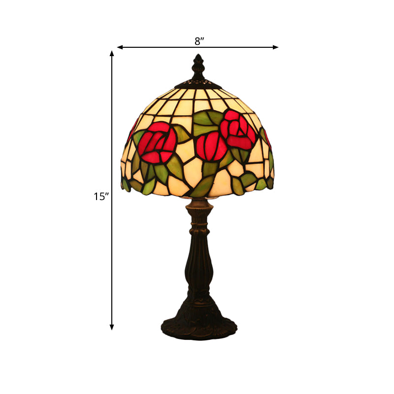 1-Light Baroque Style Stained Art Glass Nightstand Light With Bloom Pattern In Red/Pink For Bedroom