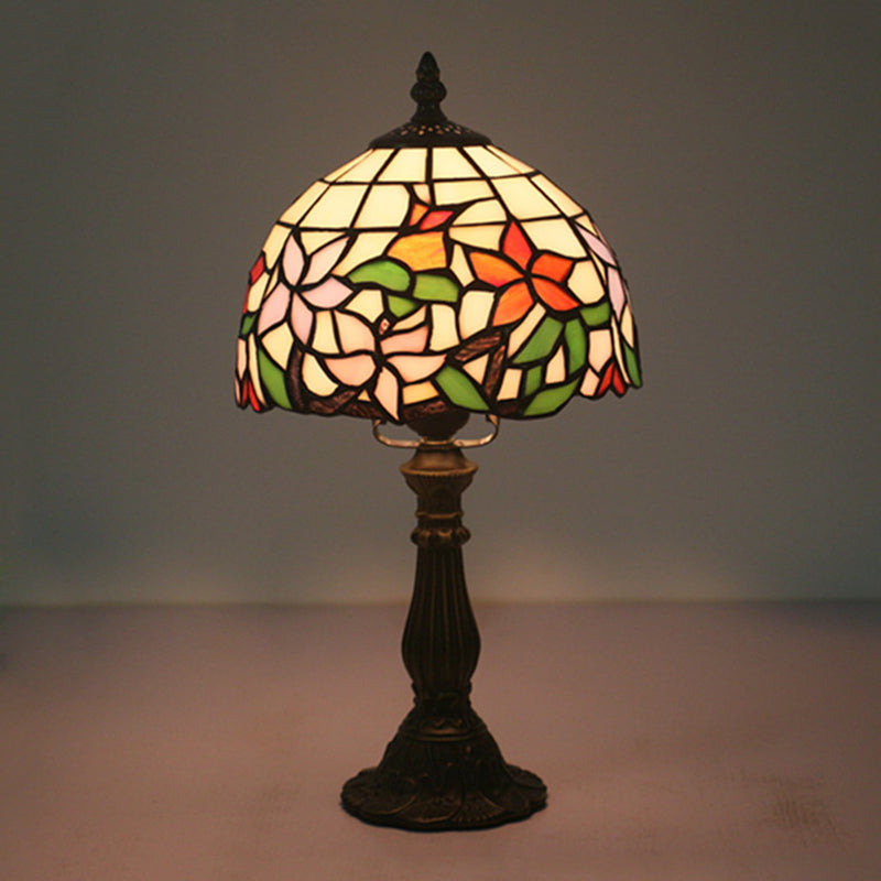 1-Light Baroque Style Stained Art Glass Nightstand Light With Bloom Pattern In Red/Pink For Bedroom