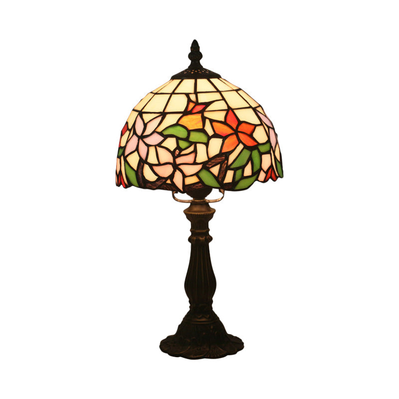 1-Light Baroque Style Stained Art Glass Nightstand Light With Bloom Pattern In Red/Pink For Bedroom