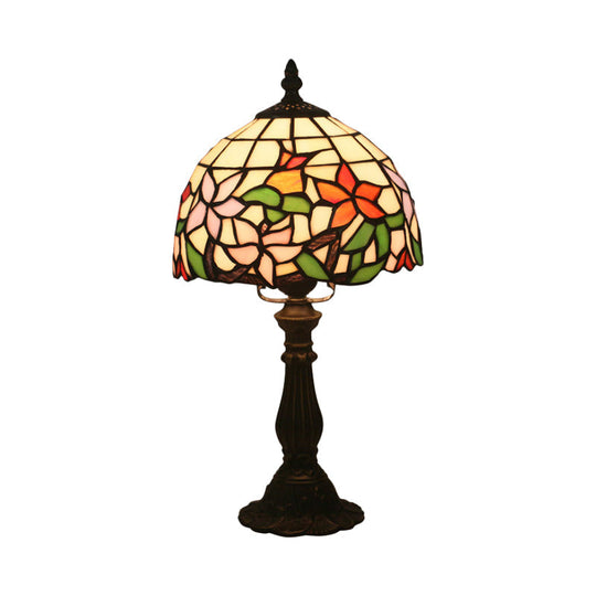 1-Light Baroque Style Stained Art Glass Nightstand Light With Bloom Pattern In Red/Pink For Bedroom