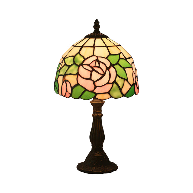 Victorian Stained Glass Pink/Purple Rose Night Lamp With Dome Shade - 1 Light Table Lighting