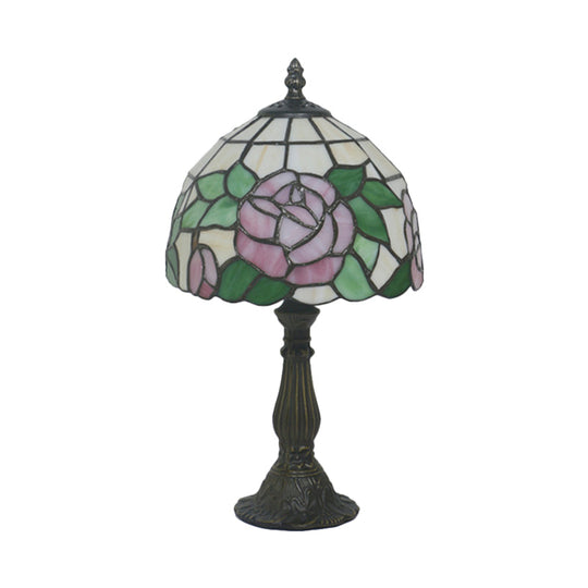 Victorian Stained Glass Pink/Purple Rose Night Lamp With Dome Shade - 1 Light Table Lighting