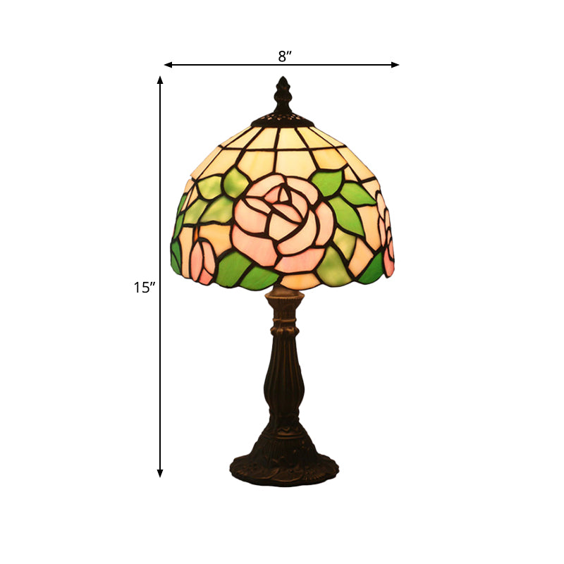 Victorian Stained Glass Pink/Purple Rose Night Lamp With Dome Shade - 1 Light Table Lighting