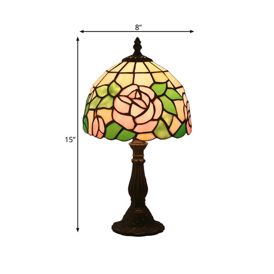 Victorian Stained Glass Pink/Purple Rose Night Lamp With Dome Shade - 1 Light Table Lighting