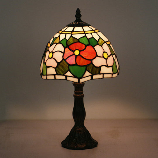 Victorian Stained Glass Pink/Purple Rose Night Lamp With Dome Shade - 1 Light Table Lighting Pink