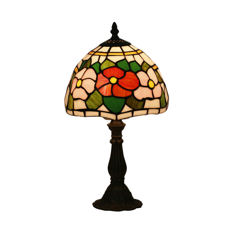 Victorian Stained Glass Pink/Purple Rose Night Lamp With Dome Shade - 1 Light Table Lighting