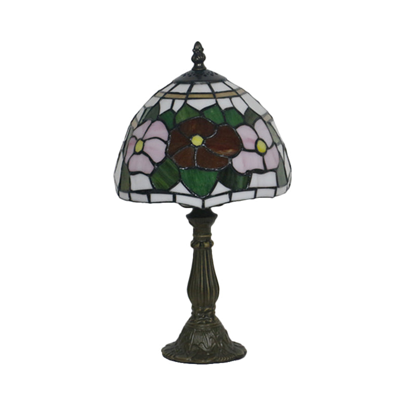 Victorian Stained Glass Pink/Purple Rose Night Lamp With Dome Shade - 1 Light Table Lighting