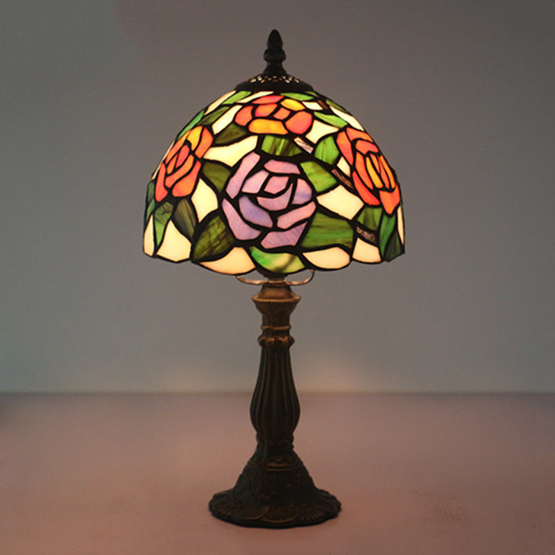 Victorian Stained Glass Pink/Purple Rose Night Lamp With Dome Shade - 1 Light Table Lighting