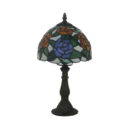 Victorian Stained Glass Pink/Purple Rose Night Lamp With Dome Shade - 1 Light Table Lighting