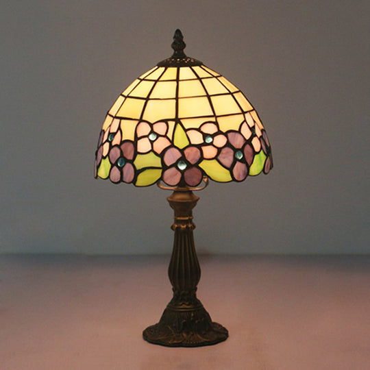 Tiffany Hand-Cut Glass Bowl Night Light - Flower Patterned Table Lamp In Red/Yellow/Purple For