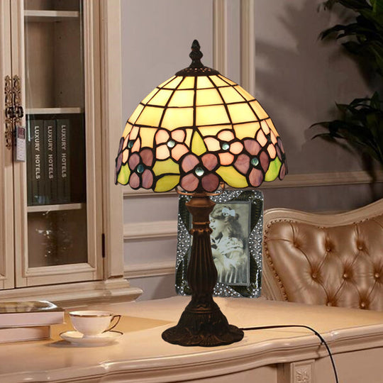 Tiffany Hand-Cut Glass Bowl Night Light - Flower Patterned Table Lamp In Red/Yellow/Purple For