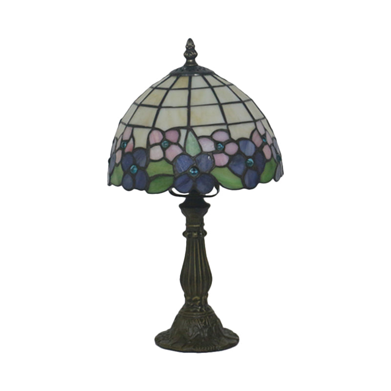 Tiffany Hand-Cut Glass Bowl Night Light - Flower Patterned Table Lamp In Red/Yellow/Purple For