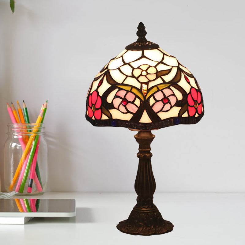 Tiffany Hand-Cut Glass Bowl Night Light - Flower Patterned Table Lamp In Red/Yellow/Purple For