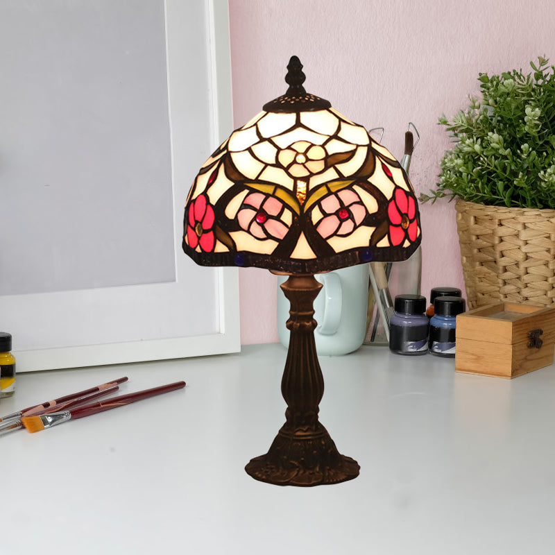 Tiffany Hand-Cut Glass Bowl Night Light - Flower Patterned Table Lamp In Red/Yellow/Purple For