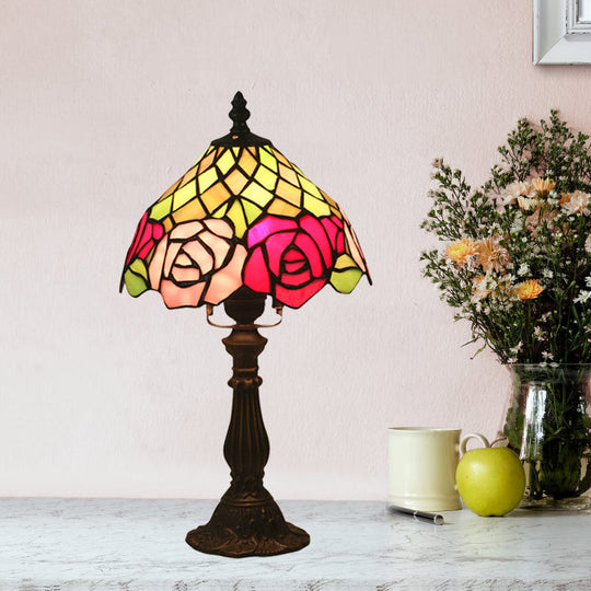 Stained Glass Table Night Light With Rose Pattern - Dark Coffee 1 Bulb Mediterranean Style