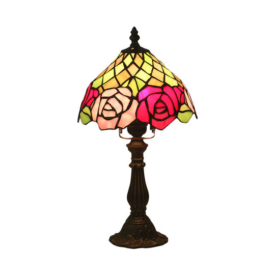 Stained Glass Table Night Light With Rose Pattern - Dark Coffee 1 Bulb Mediterranean Style