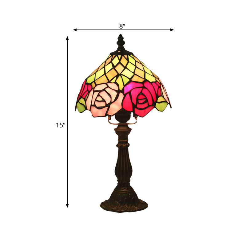 Stained Glass Table Night Light With Rose Pattern - Dark Coffee 1 Bulb Mediterranean Style