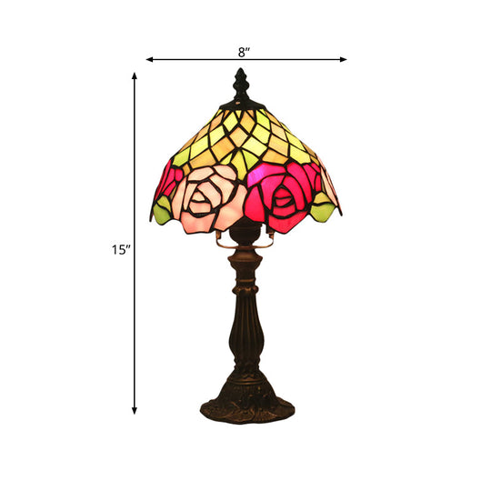 Stained Glass Table Night Light With Rose Pattern - Dark Coffee 1 Bulb Mediterranean Style