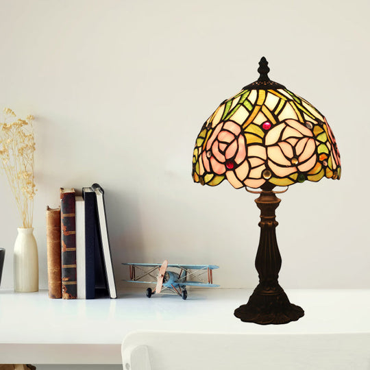 Victorian Dome Shade Night Lamp With Stained Art Glass Rose Pattern - 1-Light Desk Lighting For