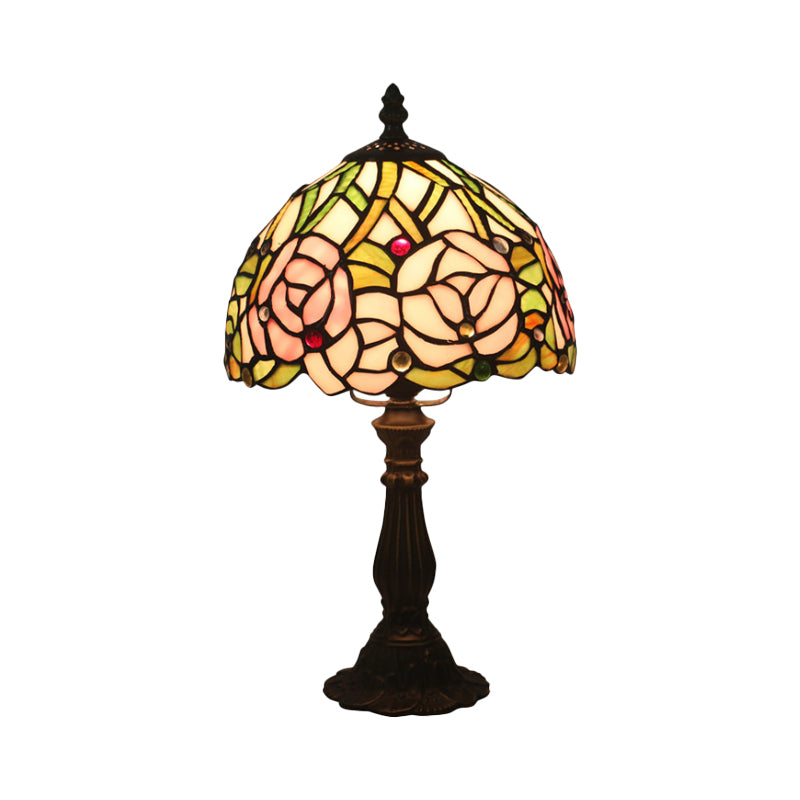 Victorian Dome Shade Night Lamp With Stained Art Glass Rose Pattern - 1-Light Desk Lighting For