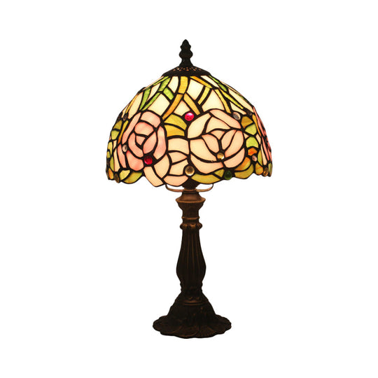 Victorian Dome Shade Night Lamp With Stained Art Glass Rose Pattern - 1-Light Desk Lighting For