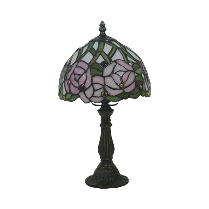 Victorian Dome Shade Night Lamp With Stained Art Glass Rose Pattern - 1-Light Desk Lighting For