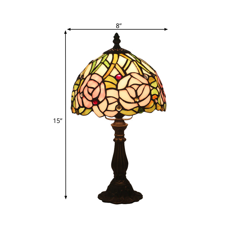 Victorian Dome Shade Night Lamp With Stained Art Glass Rose Pattern - 1-Light Desk Lighting For