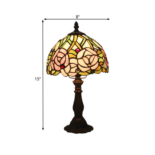 Victorian Dome Shade Night Lamp With Stained Art Glass Rose Pattern - 1-Light Desk Lighting For