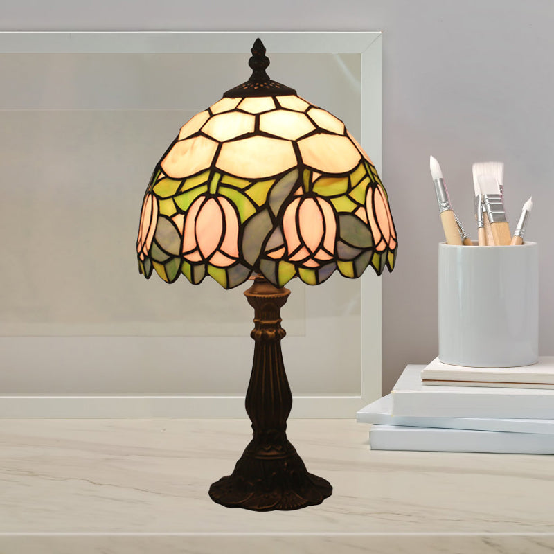 Victorian Dome Shade Night Lamp With Stained Art Glass Rose Pattern - 1-Light Desk Lighting For