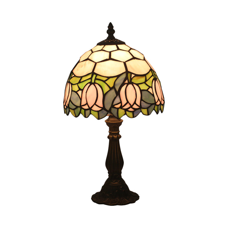 Victorian Dome Shade Night Lamp With Stained Art Glass Rose Pattern - 1-Light Desk Lighting For