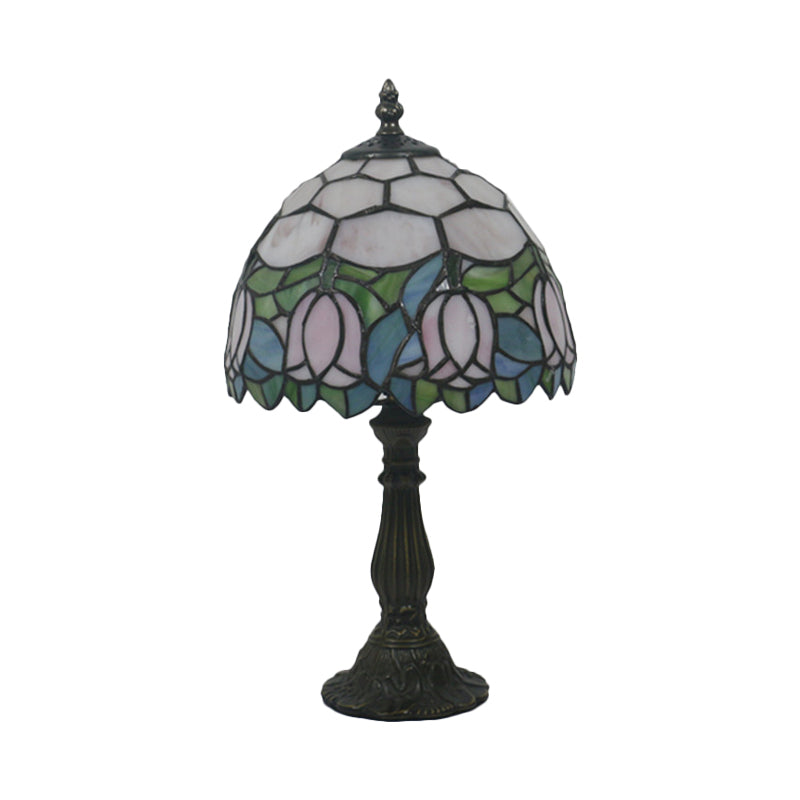 Victorian Dome Shade Night Lamp With Stained Art Glass Rose Pattern - 1-Light Desk Lighting For