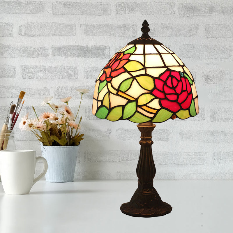 Victorian Dome Shade Night Lamp With Stained Art Glass Rose Pattern - 1-Light Desk Lighting For