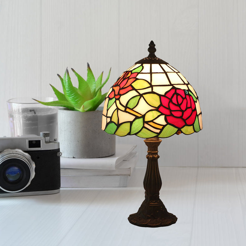 Victorian Dome Shade Night Lamp With Stained Art Glass Rose Pattern - 1-Light Desk Lighting For