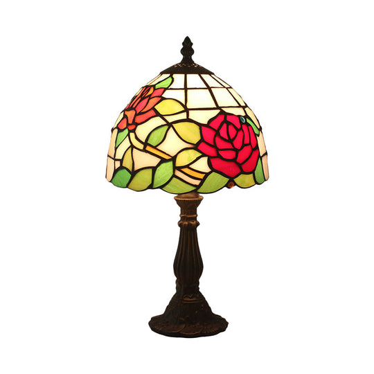 Victorian Dome Shade Night Lamp With Stained Art Glass Rose Pattern - 1-Light Desk Lighting For