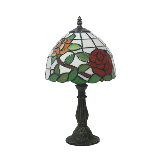 Victorian Dome Shade Night Lamp With Stained Art Glass Rose Pattern - 1-Light Desk Lighting For