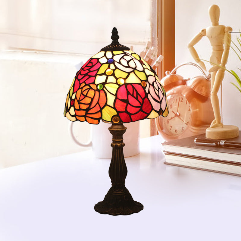 Tiffany-Style Cut Glass Bronze 1-Head Night Table Light With Yellow/Orange/Purple Rose Patterned