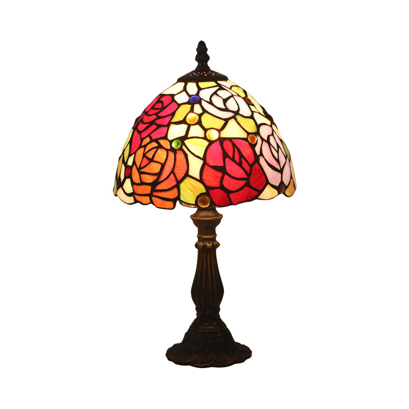 Tiffany-Style Cut Glass Bronze 1-Head Night Table Light With Yellow/Orange/Purple Rose Patterned