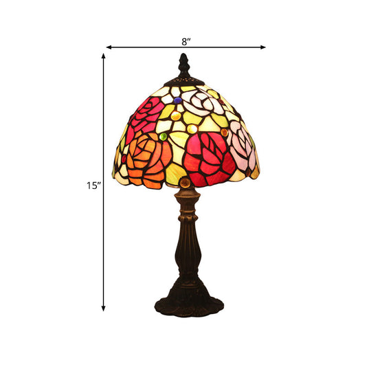 Tiffany-Style Cut Glass Bronze 1-Head Night Table Light With Yellow/Orange/Purple Rose Patterned