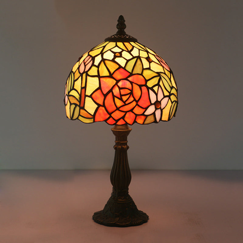 Tiffany-Style Cut Glass Bronze 1-Head Night Table Light With Yellow/Orange/Purple Rose Patterned