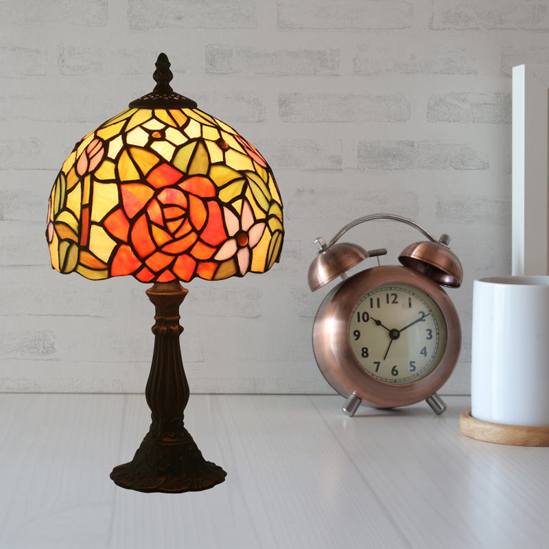 Tiffany-Style Cut Glass Bronze 1-Head Night Table Light With Yellow/Orange/Purple Rose Patterned