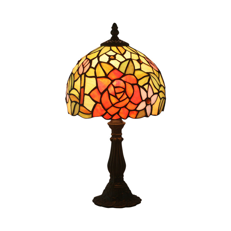 Tiffany-Style Cut Glass Bronze 1-Head Night Table Light With Yellow/Orange/Purple Rose Patterned