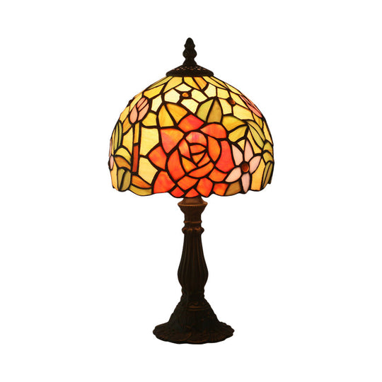 Tiffany-Style Cut Glass Bronze 1-Head Night Table Light With Yellow/Orange/Purple Rose Patterned