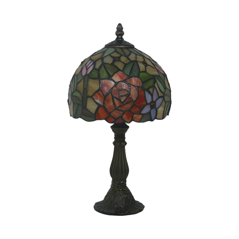 Tiffany-Style Cut Glass Bronze 1-Head Night Table Light With Yellow/Orange/Purple Rose Patterned