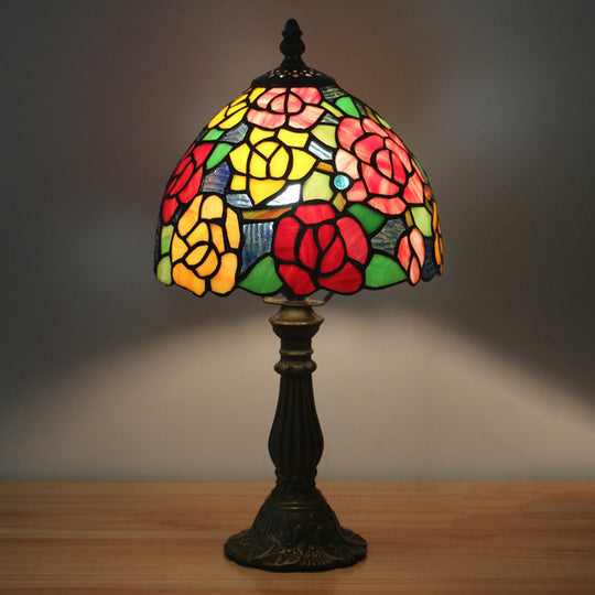 Tiffany-Style Cut Glass Bronze 1-Head Night Table Light With Yellow/Orange/Purple Rose Patterned