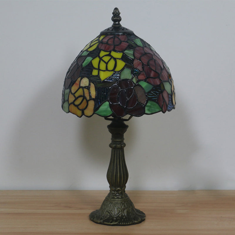 Tiffany-Style Cut Glass Bronze 1-Head Night Table Light With Yellow/Orange/Purple Rose Patterned