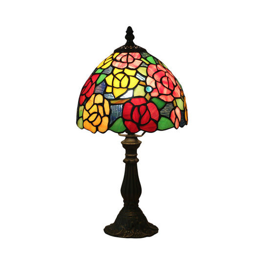 Tiffany-Style Cut Glass Bronze 1-Head Night Table Light With Yellow/Orange/Purple Rose Patterned