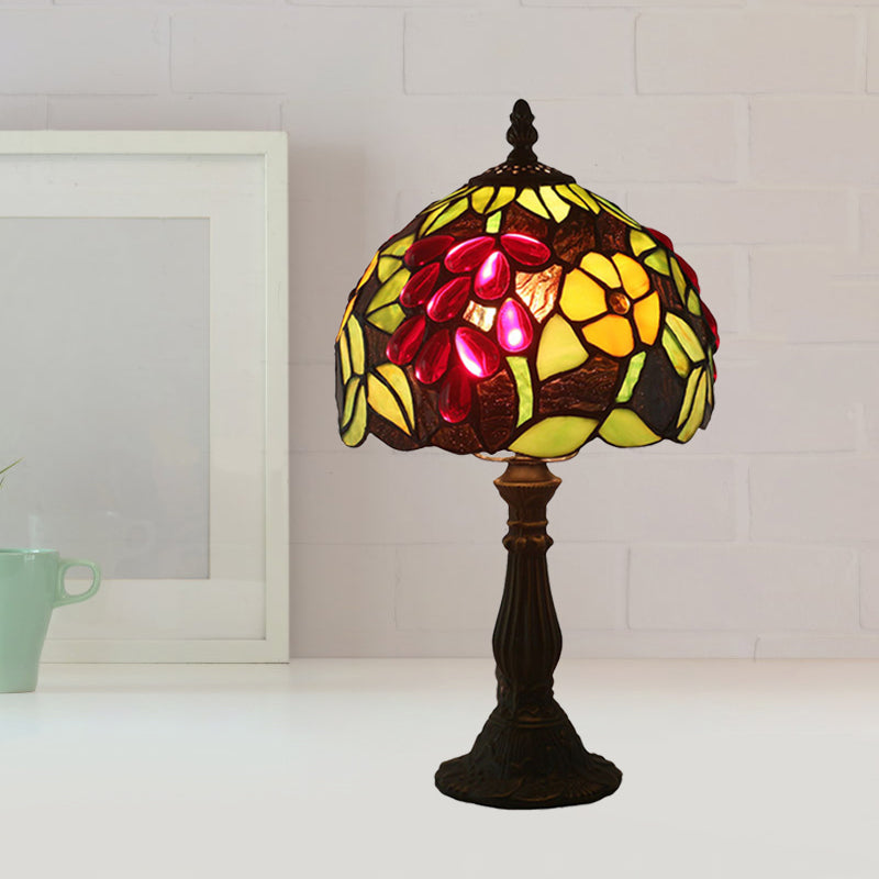 Dome-Shaped Tiffany Nightstand Lamp With Grape Patterned Cut Glass - Yellow/Green 1 Head Night Light