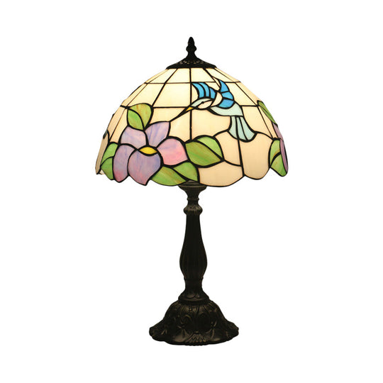 Bird And Flower Desk Light - Stained Glass Baroque Table Lamp In Bronze