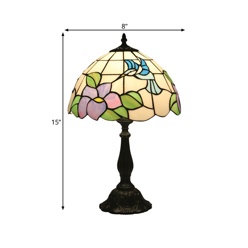 Bird And Flower Desk Light - Stained Glass Baroque Table Lamp In Bronze